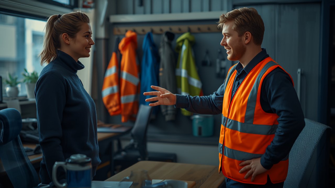 Arbetsledare och tekniker planerar dagen i verkstadens kontor